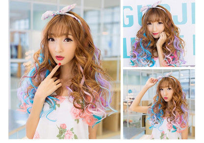 Cabelo Sintético Arco-Íris Ondulado, Extensões de Cabelo Longas, Extensões de Cabelo com um Único Clipe, Perucas Coloridas de Fibra Sintética, Cabelo Falso 20";;VERDADEIRO;;"Q33,20inches