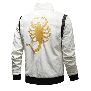 Men's Leather Bomber Jacket Windproof and rainproof Scorpion Embroidery Hooded Jacket PU Leather Winter, Drive