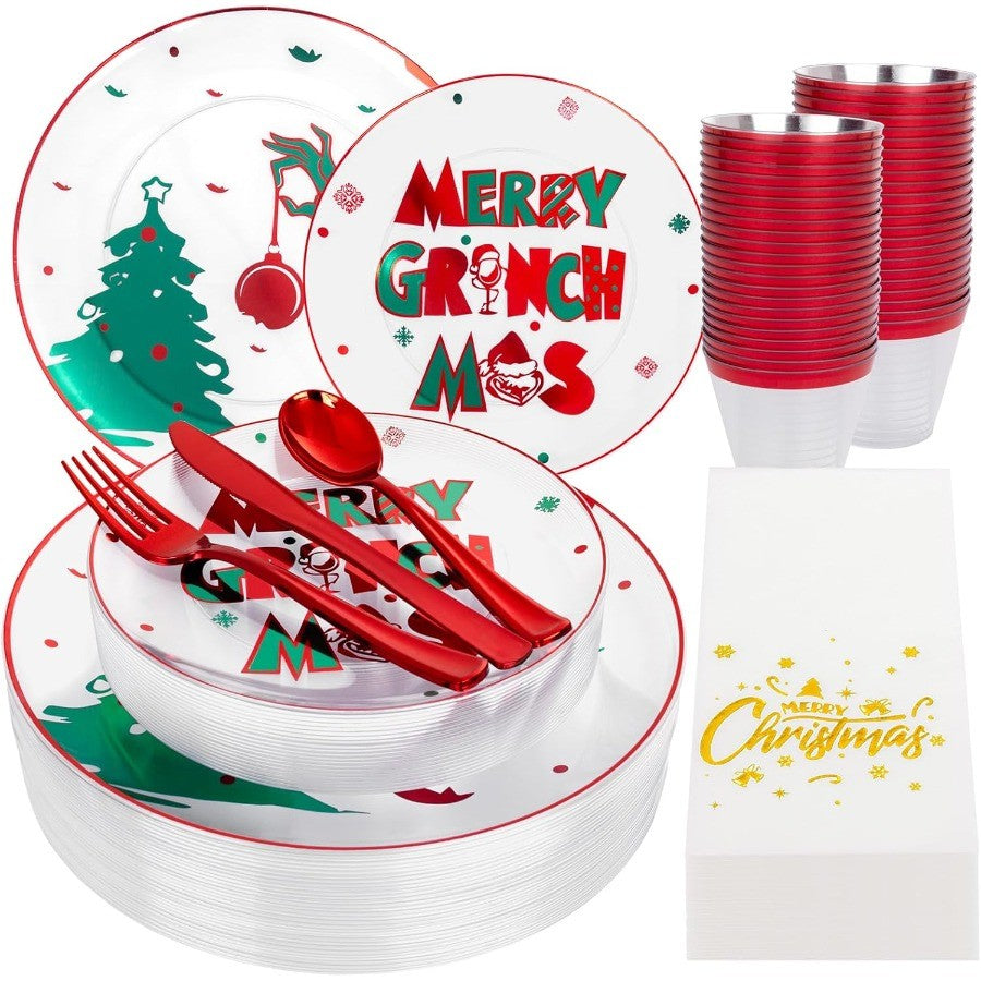 210 Peças Pratos Plásticos Transparentes Monstro Verde Conjunto Descartável de Louça de Natal Inclui 30 Pratos de Jantar, 30 Pratos de Sobremesa, 30 Garfos