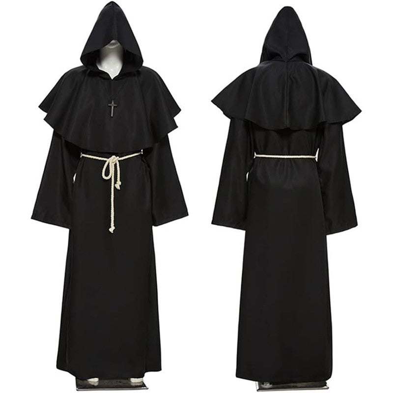 Retro Priest Robe Halloween Cosplay Costume Wizard Fancy Punk Cloak Mask Medieval Monk Robe Hooded Monk Cowl