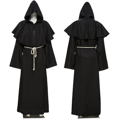 Retro Priest Robe Halloween Cosplay Costume Wizard Fancy Punk Cloak Mask Medieval Monk Robe Hooded Monk Cowl