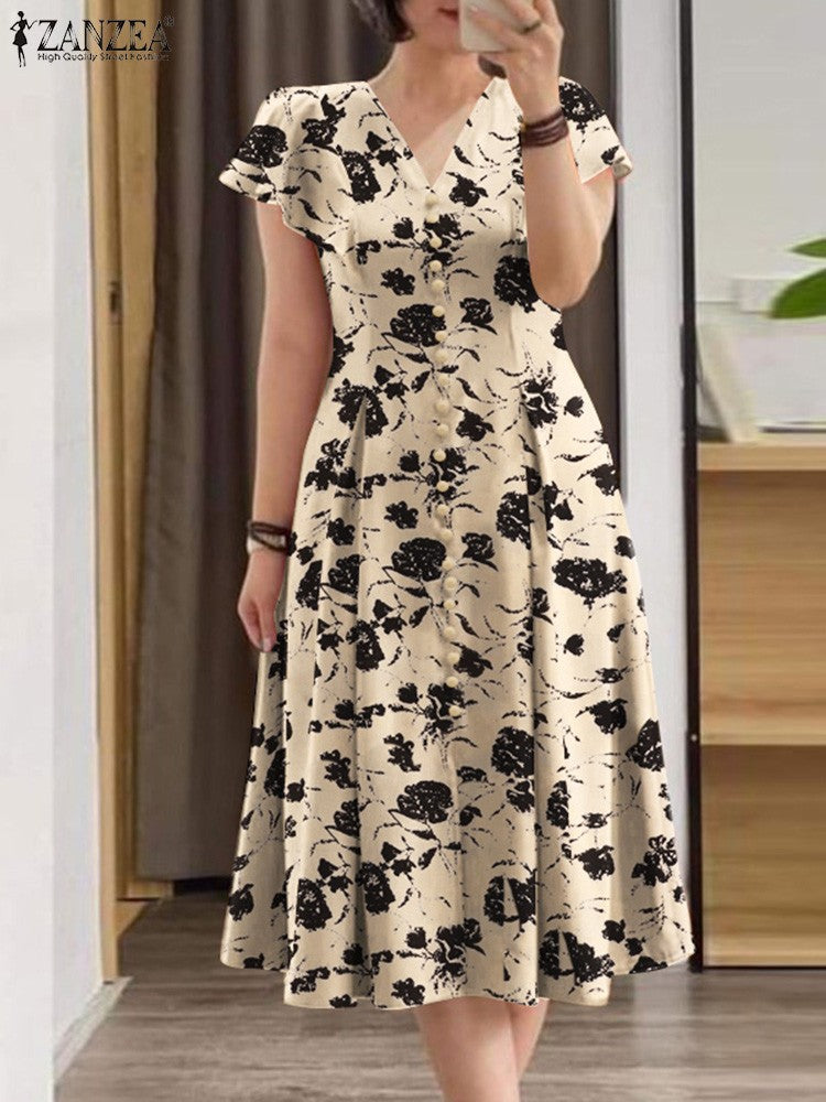 ZANZEA Woman Summer Dresses Ruffle Sleeve V-Neck Cinch Waist, Womens Elegant Flo