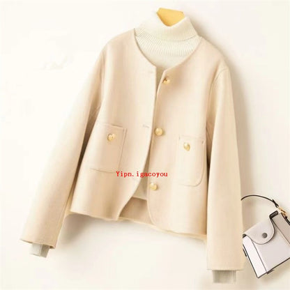 Spring Autumn 2025 New O-Neck Woolen Short Coat Women Female Korean Fashion Single-Breasted High-Quality Wool Jacket Female B733