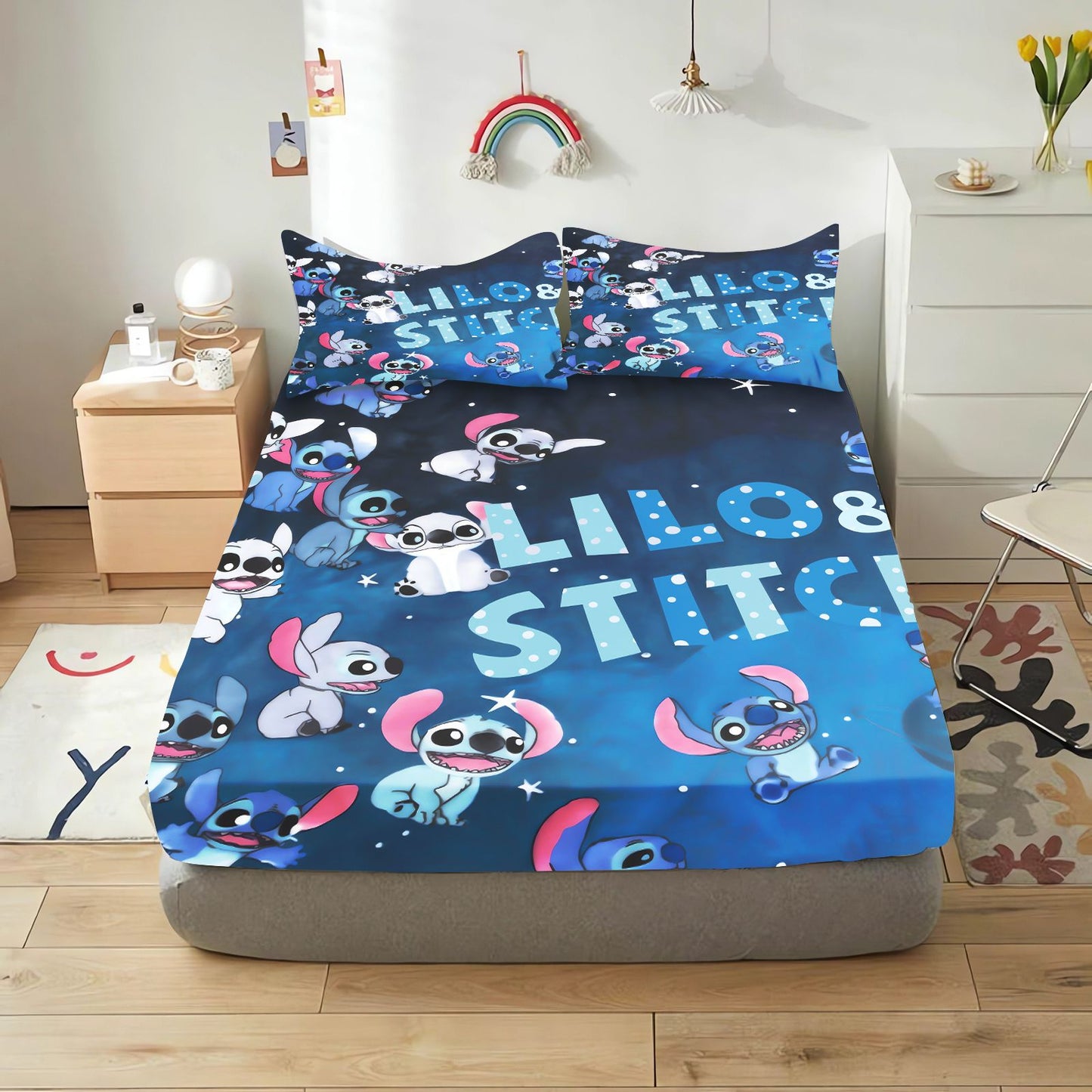Lilo & Stitch Cartoon Fitted Sheet Home Cover for Teenager Elastic Bedding Cute Digital Printing Sheets Bedding Children