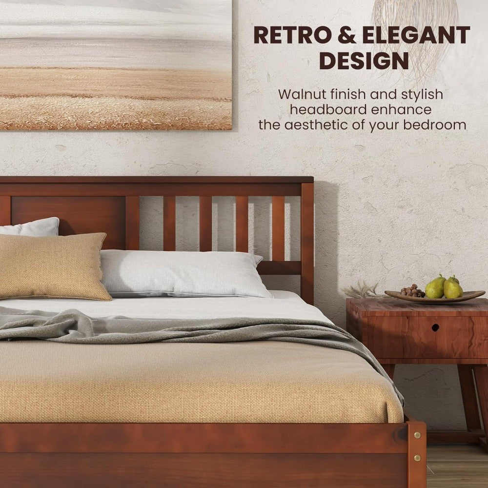 Estrutura de Cama Queen Size de Madeira Maciça, Estrutura de Cama Queen de Meio Século com Cabeceira, Suporte de Estrado de Madeira, Cama de Painel, Sem B