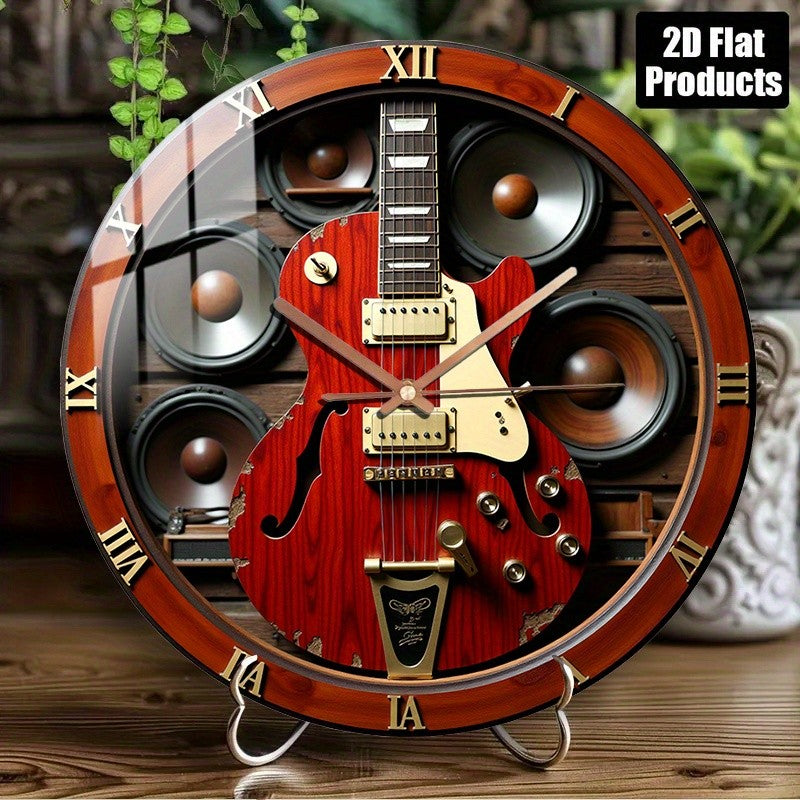 Silent Quartz Movement Round Wall Clock with Red Electric Guitar & Speakers Design - Glass Art Clock for Bedroom, Kitchen, Stud