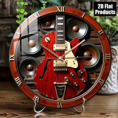Silent Quartz Movement Round Wall Clock with Red Electric Guitar & Speakers Design - Glass Art Clock for Bedroom, Kitchen, Stud