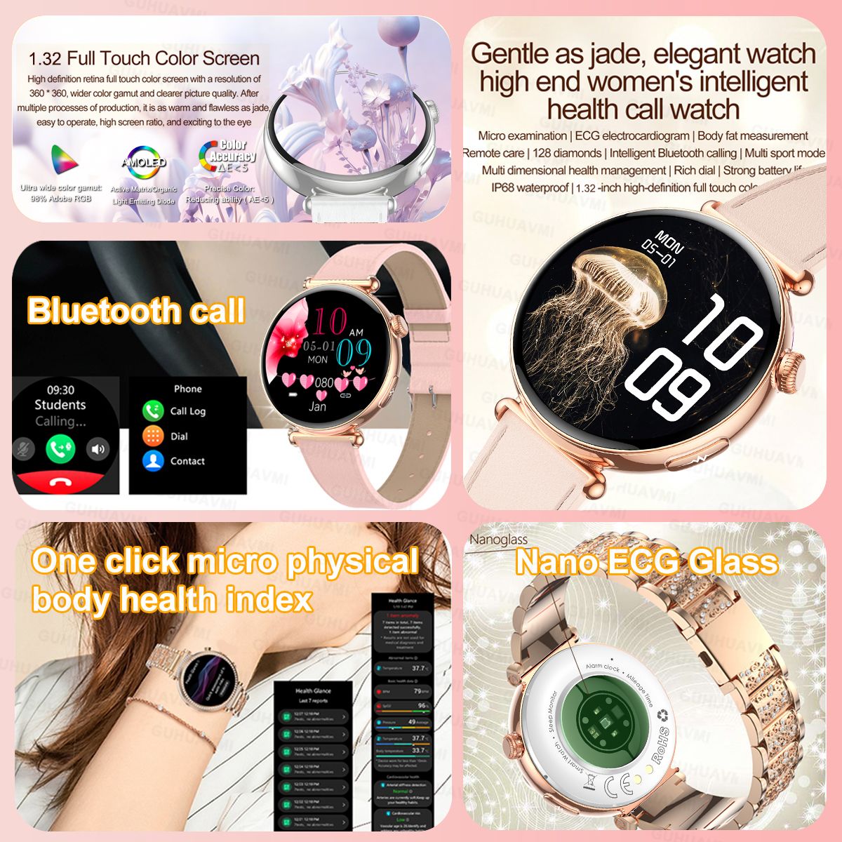Women Smartwatch 1.32inch AMOLED Screen Call ECG Sport Watch Blood Pressure Micro physical examination AI dial Women Smart Watch