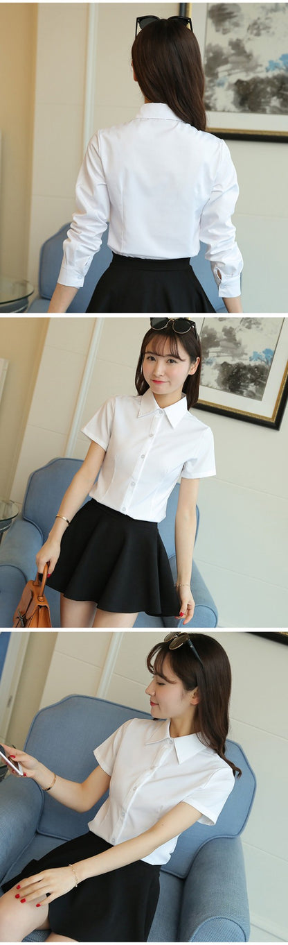 Korean Fashion White Shirt Women Autumn Short Sleeve Blouse Slim Office Lady Tops Women's Shirt S-5XL Student Shirt Women's Wear