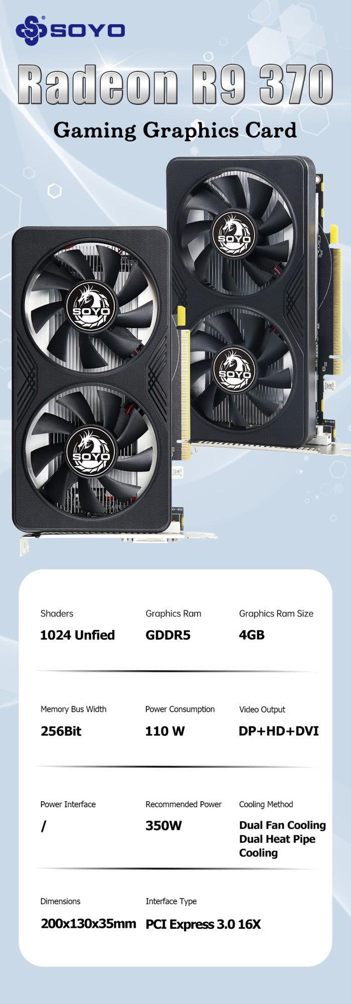 Placa de Vídeo SOYO AMD GPU Radeon RX 550 4G GPU RX 560 GDDR5 Componentes para PC Gaming R9 370 R7 350 RX550