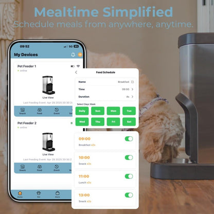 Comedouro Automático para Cães e Gatos de Grande Capacidade – Dispensador de Alimentos para Animais de Estimação de Aço Inoxidável com Aplicativo Wi-Fi e Alimentações Programadas