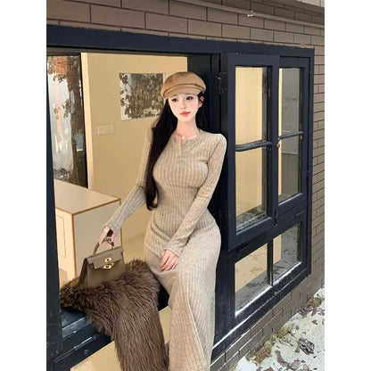Long Sleeve Dresses Women Solid Slim Basic Mid-length All-match Elegant Autumn Winter Vestidos Female Defined Waist Knitting New