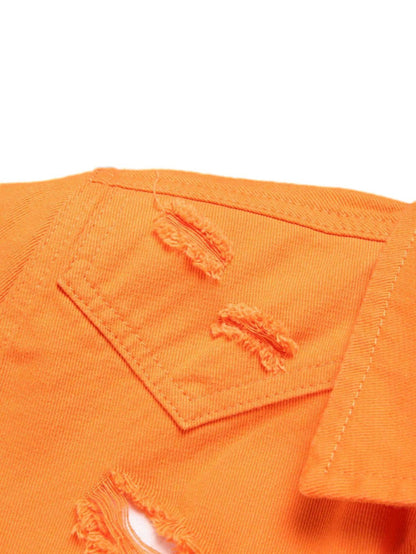 Men's summer orange short - sleeved denim shirt with holes. In a stylish and casual style.