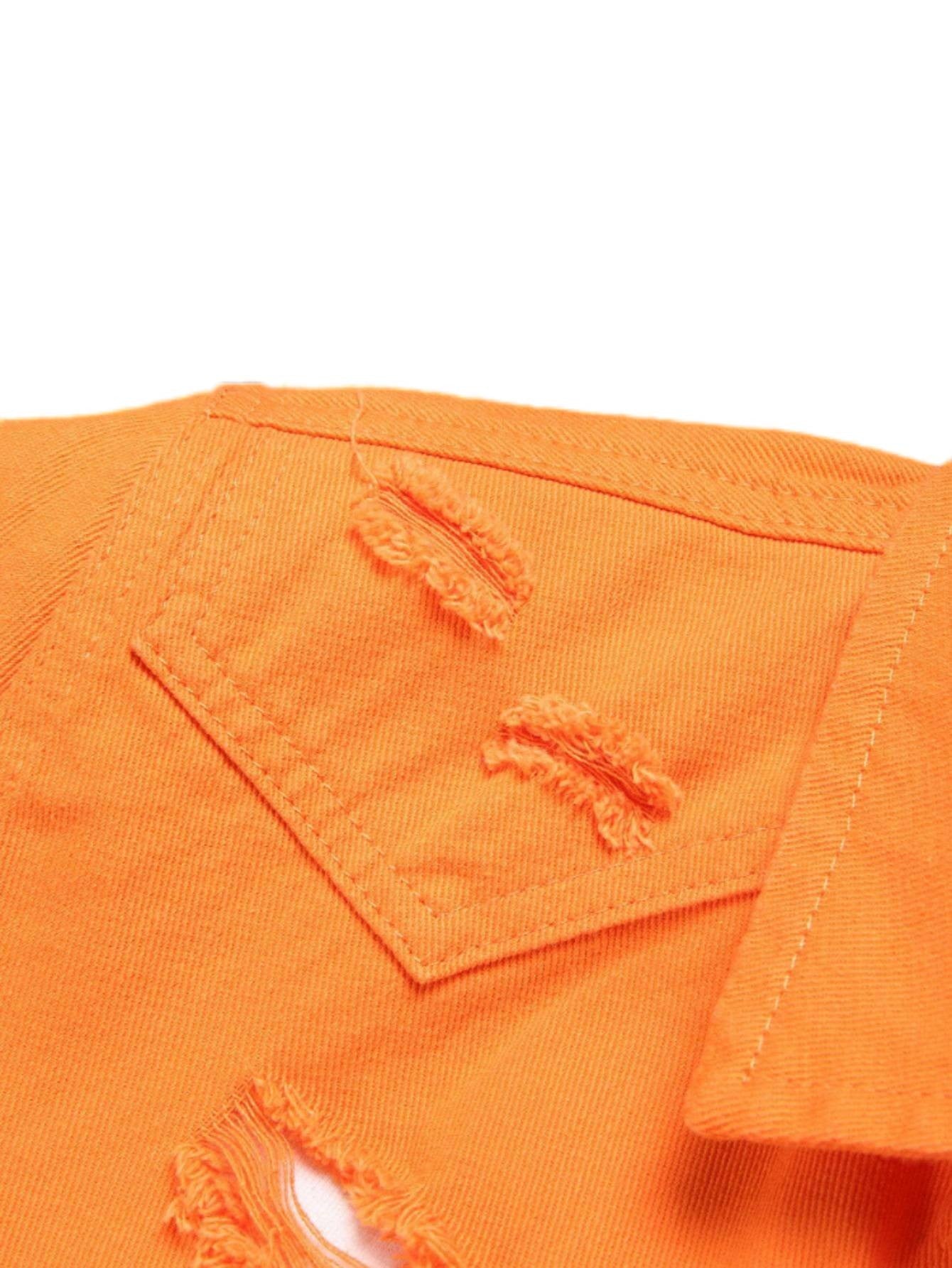 Men's summer orange short - sleeved denim shirt with holes. In a stylish and casual style.