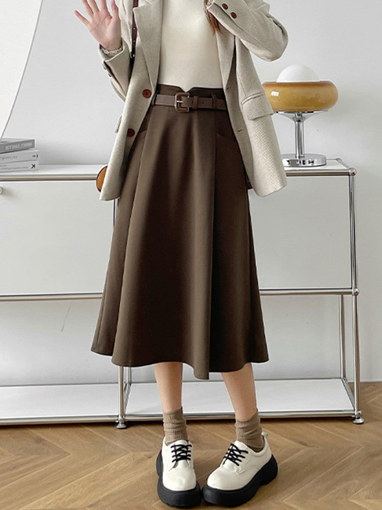 Plus Size Woolen Skirt Women 2024 Autumn Winter New Arrivals High Waist A Line Skirt With Belt Korean Fashon Skirts Womens