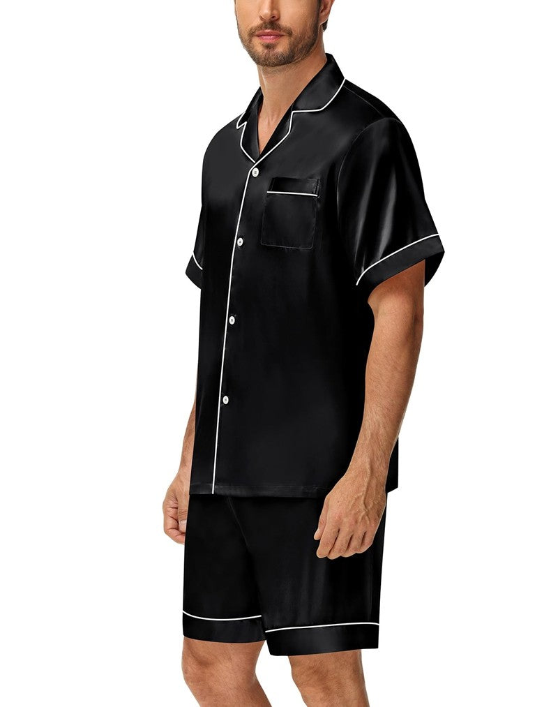 Men's Luxury Satin Pajama Set Short Sleeve Lapel Front Buttons Top And Elastic Shorts Comfortable Fit Loungewear Sleepwear Pjs