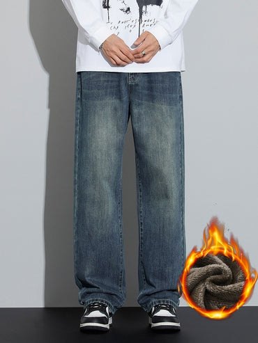 Winter Fleece Men's Warm Jeans Loose Wide Leg Thickened Thermal Retro Denim Pants Fashion Straight Streetwear Plush Trousers