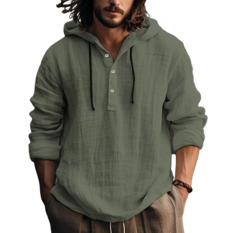 Casual Hood T Shirt Cotton Linen Flax Blouse Tee Tops Long Sleeves Men Holiday Beach Spring Solid Plain Tunic Loose Hoodie Shirt