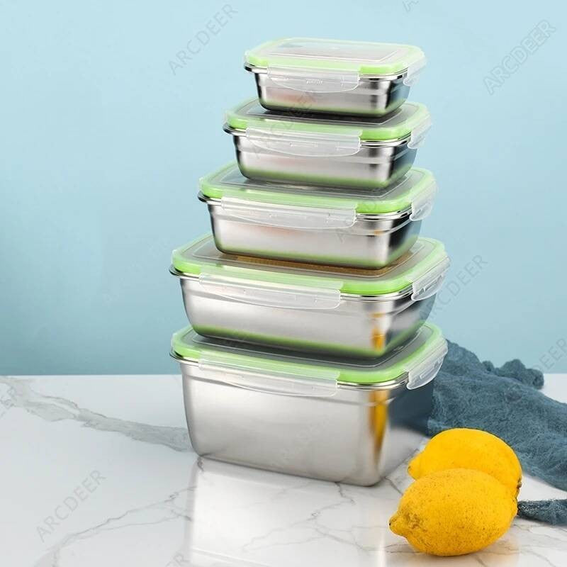 Organizadores de Alimentos de Cozinha em Aço Inoxidável com Tampas, Caixa de Armazenamento Refrigerada, Lancheiras Herméticas Anti-Vazamento