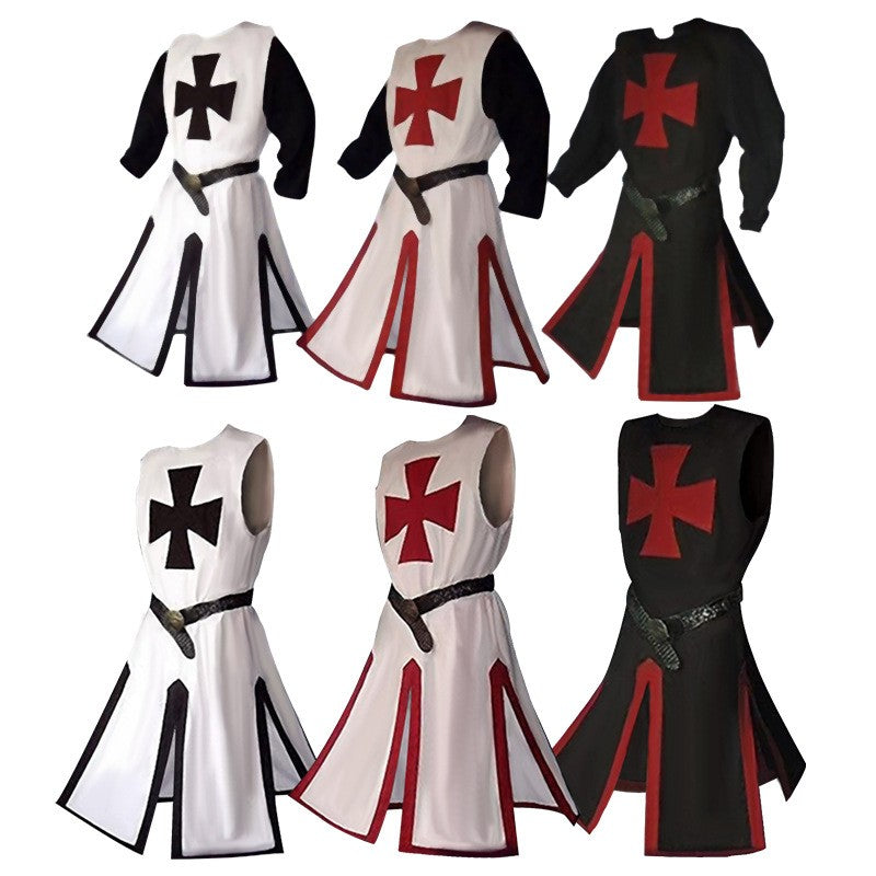 Mens Medieval Crusader Knights Templar Tunic Costumes Renaissance Halloween Surcoat Warrior Black Plague Cloak Cosplay Top