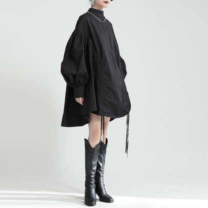 2025 Women Irregular Drawstring Big Size White Blouse New Stand Collar Long Sleeve Shirt Fashion Tide Spring Autumn