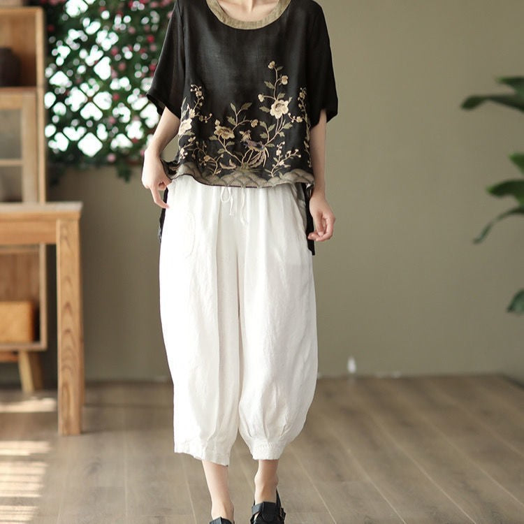 Cotton Linen Embroidered Floral Blouses Women's Chinese Classic Loose Shirt Top Casual Retro O Neck Short Sleeve Summer Shirts