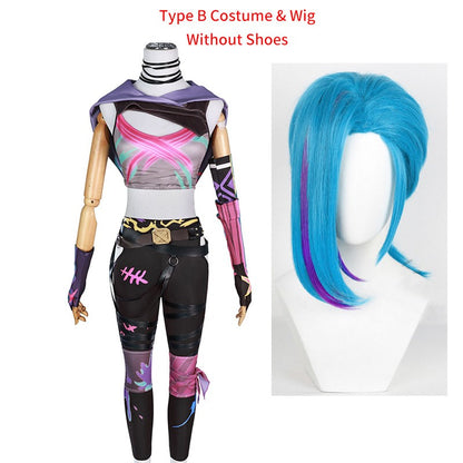 Peruca de Cabelo para Cosplay Arcane Jinx Traje Anime Sapatos Botas para Cosplay Jinx Feminino para Meninas, Mulheres, Role Play, Festa, Carnaval, Roupas