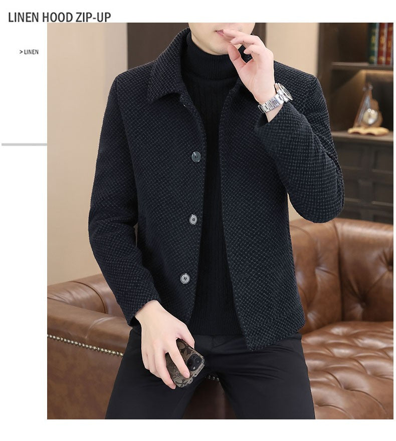 Korean Winter Woolen Jacket Men Plush and Warm Short Trench Coat Plaid Casual Business Streetwear Overcoat Social Men Clothing