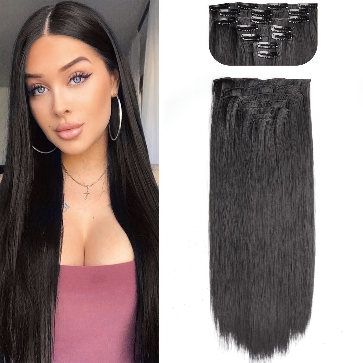 Cabelo Liso Comprido 16 Clipes 7 Pçs/Conjunto de Apliques de Cabelo Sintético Natural Loiro Preto Resistente ao Calor 2026