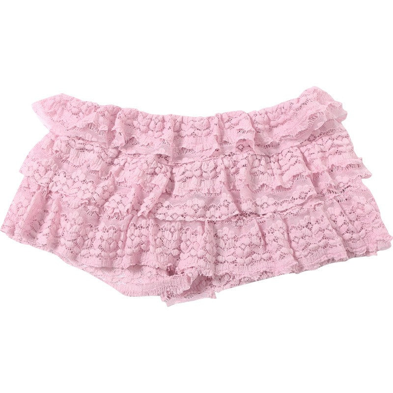 2025 New Fashion Sweet Temperament Solid Color Lace Spice Girl Pleated Low Waist Navel Shorts Femininity Sexy