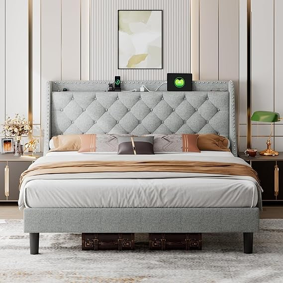 iPormis Velvet King Bed Frame with 16" Comfort Wingback & USB & Charging Station, Upholstered Platform Bed with Button Tufted St