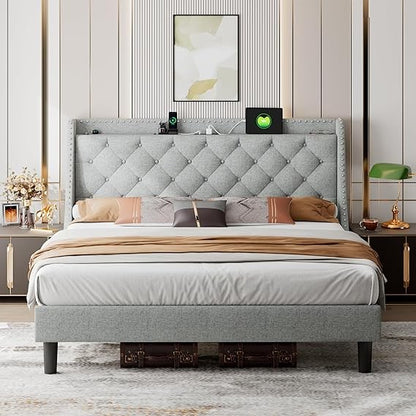iPormis Velvet King Bed Frame with 16" Comfort Wingback & USB & Charging Station, Upholstered Platform Bed with Button Tufted St