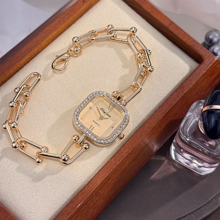 Luxury Minimalist Bracelet Watch Creative Square Multi-Faceted Glass Quartz Movement Chain Mid-century Small High-End Acces
