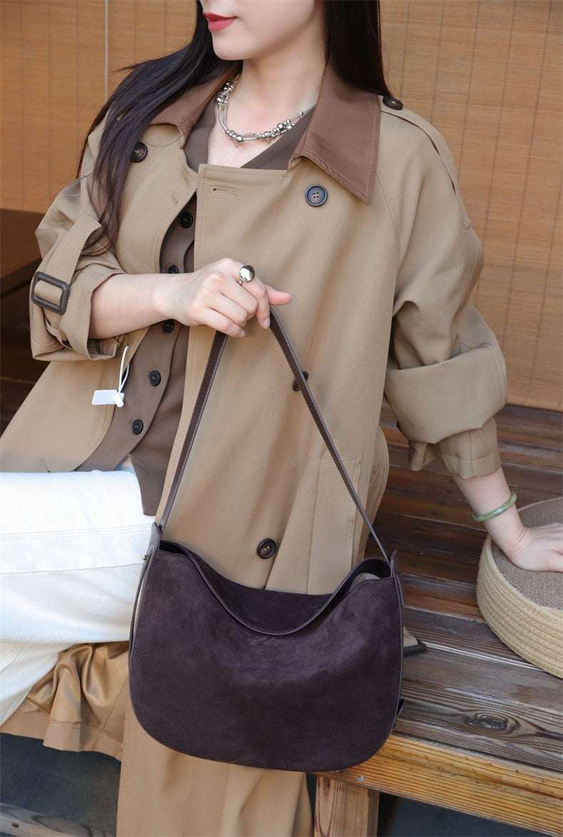 Burminsa Suede Genuine Leather Hobo Shoulder Bags For Women 2025 Luxury Designer Crescent Crossbody Purses Work Ladies Handbags