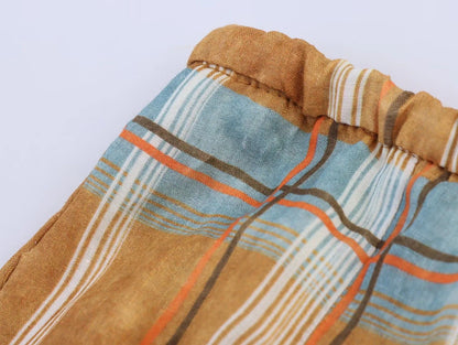 Women's 2025 Autumn Fashion Versatile Ramie Bloomers Plaid Printed Loose Pants Female High-Waist Drawstring Casual Trousers