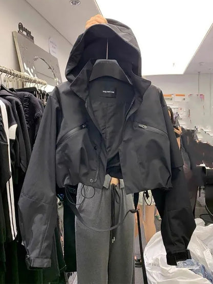 Fashion Short Hooded Jacket 2025 New Spring Black Loose Motorcycle Coats Female Street  Windbreak Short Basic Coat