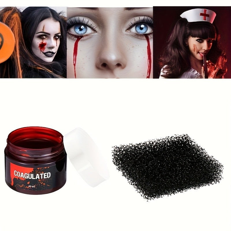 1pc Halloween Fake Blood Makeup Kit, Bright Red Coagulated Fake Blood Paste with Sponge, Realistic Artificial Blood for Party Z