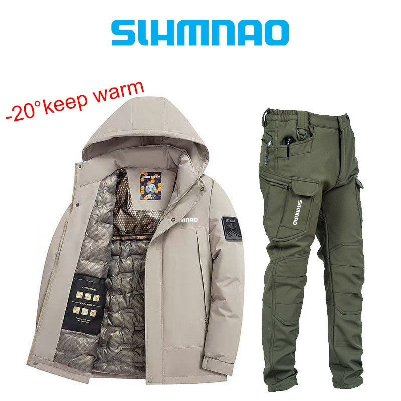 Conjunto de Terno de Pesca Masculino de Inverno 2025, Novo, Quente, Jaqueta Grossa Corta-Vento para Atividades ao Ar Livre, Calças de Algodão Quentes Resistentes ao Frio e à Neve