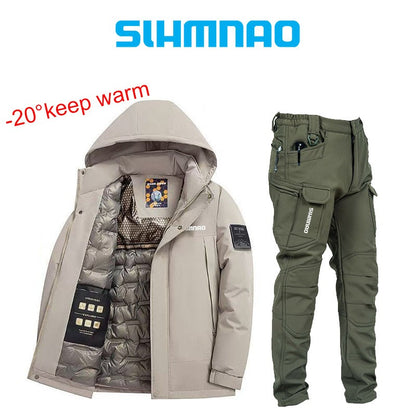 Conjunto de Terno de Pesca Masculino de Inverno 2025, Novo, Quente, Jaqueta Grossa Corta-Vento para Atividades ao Ar Livre, Calças de Algodão Quentes Resistentes ao Frio e à Neve