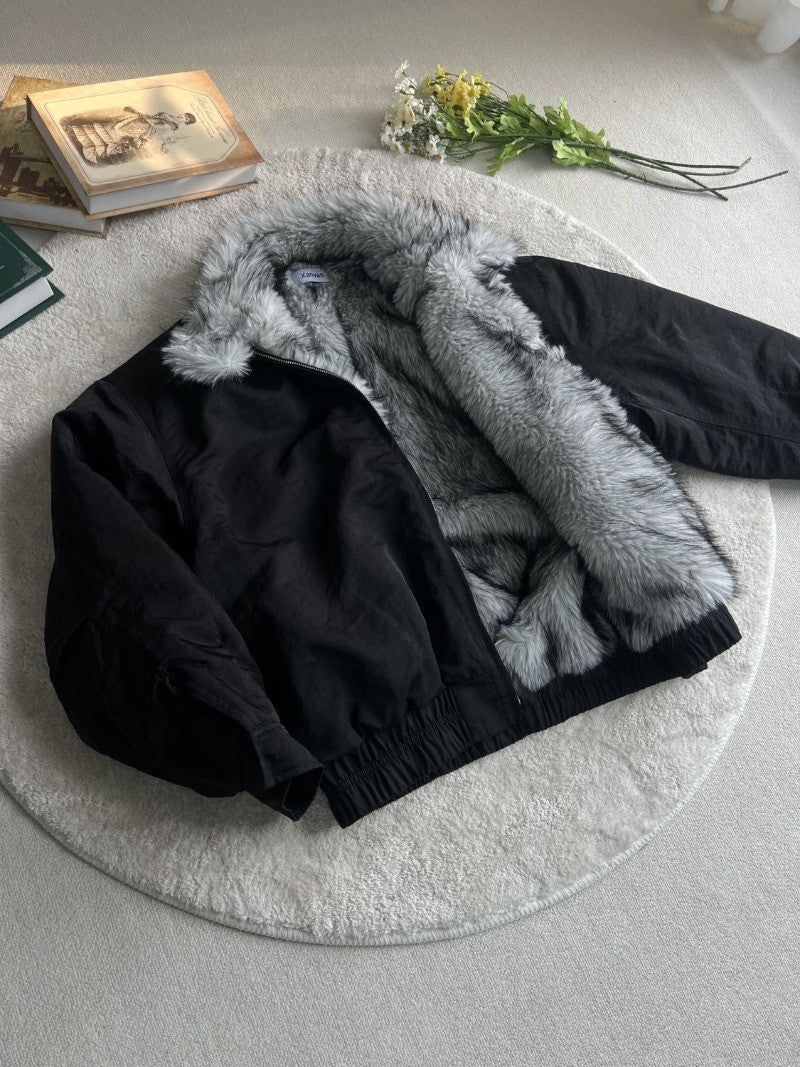 2025 Winter New Fashion Mountain Carving Imitation Wolf Fur Coat Men and Women Y2K Harajuku Hip-hop Pop Bomber Jacket Cleanfit