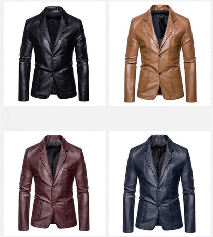 2024 New Men Business Casual Leather Jacket Black / khaki Fashion Male Suit Collar Coats Large Size 5XL Slim Fit Top