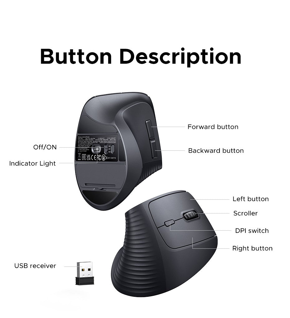 Mouse Sem Fio Vertical UGREEN 2.4G Ergonômico 4000DPI 6 Botões Silenciosos para MacBook, Tablet, Notebooks, Computador, PC, Mouse Preto e Rosa