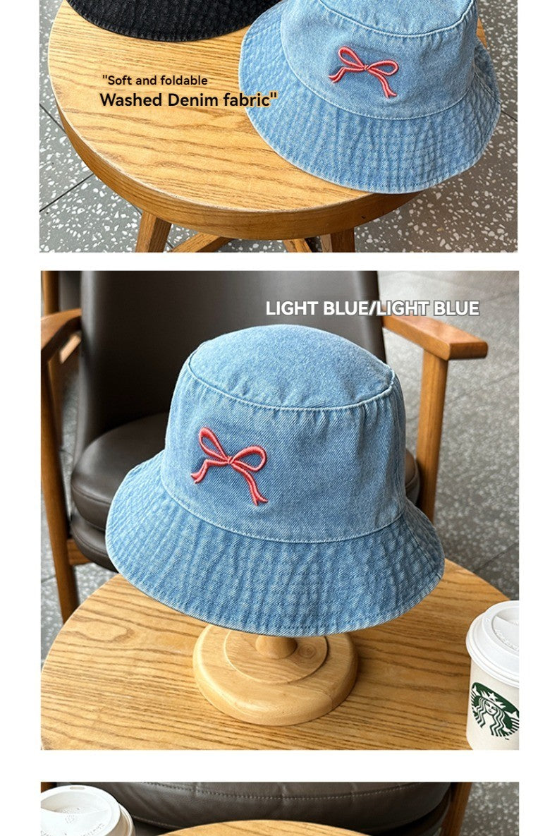 A Fisherman's Hat Three-Dimensional Embroidery Bow Travel Shopping Washed Denim Basin Hat
