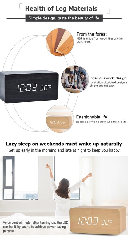 Wooden Digital Alarm Clock, LED Alarm Clock with Temperature Desk Clocks for Office,Bedside Clock