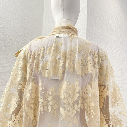 Milk Tea Color Long Sleeve Lace See Through Blouse Tops 2025 New Design