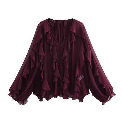 2025 Summer Chic Women's Elegant Loose Long Sleeve Layered Shirts Office Lady Vintage V-neck Translucent Tierred Ruffles Blouses