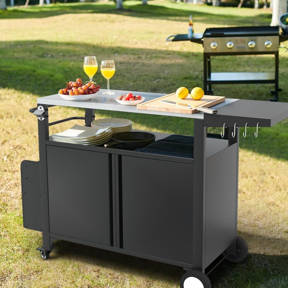 xl outdoor grill cart with wheels, weatherproof outdoor kitchen outdoor bar cart mobile bbq with foldable stainless steel top &