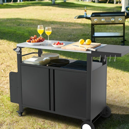 xl outdoor grill cart with wheels, weatherproof outdoor kitchen outdoor bar cart mobile bbq with foldable stainless steel top &