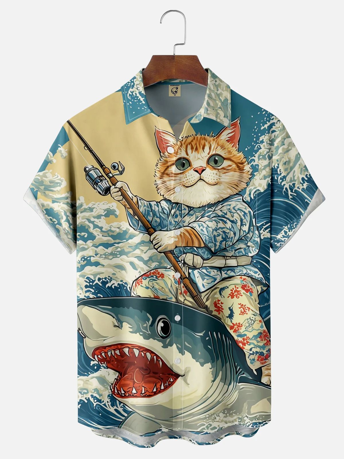 Men's Retro Short Sleeve Shirt Summer Casual Fun Hawaiian Ukiyoe Kitten Fishing Shark Print Lapel Short Sleeve Shirt
