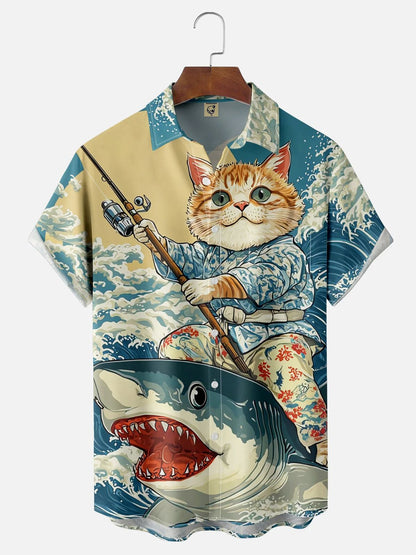 Men's Retro Short Sleeve Shirt Summer Casual Fun Hawaiian Ukiyoe Kitten Fishing Shark Print Lapel Short Sleeve Shirt
